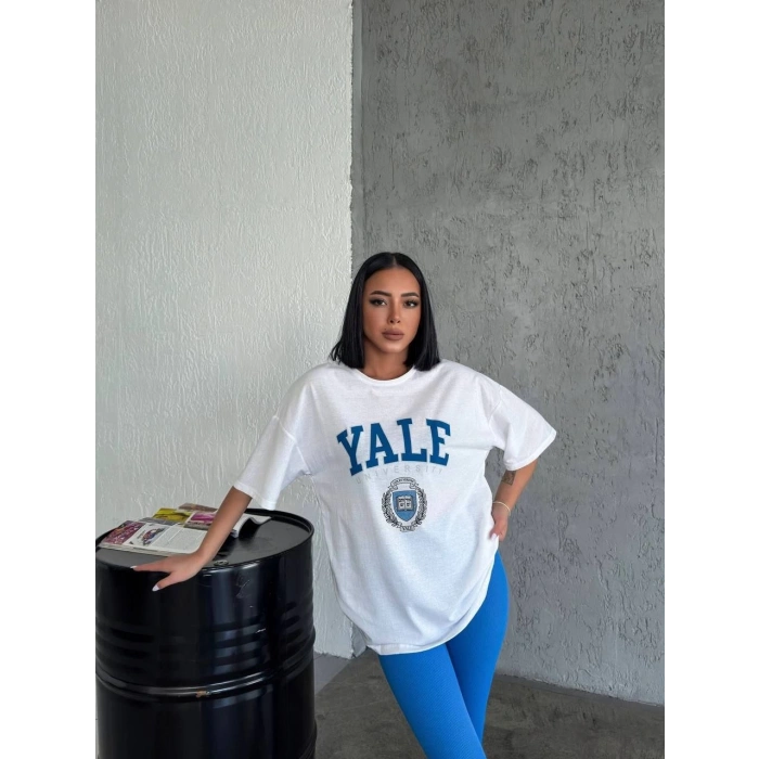 Bisiklet Yaka Baskılı Oversize T-Shirt - Beyaz