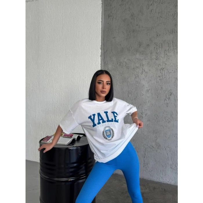 Bisiklet Yaka Baskılı Oversize T-Shirt - Beyaz