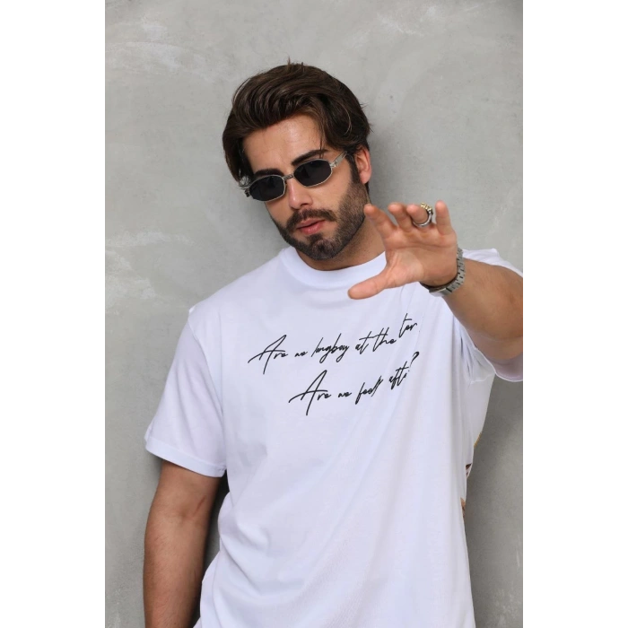 Bisiklet Yaka Baskılı Oversize T-Shirt - Beyaz