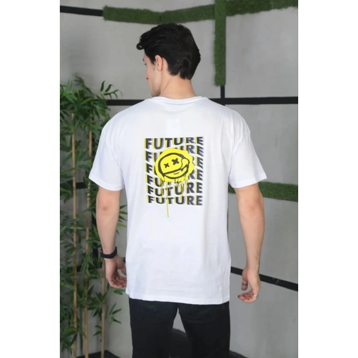 Bisiklet Yaka Baskılı Oversize T-Shirt - Beyaz -