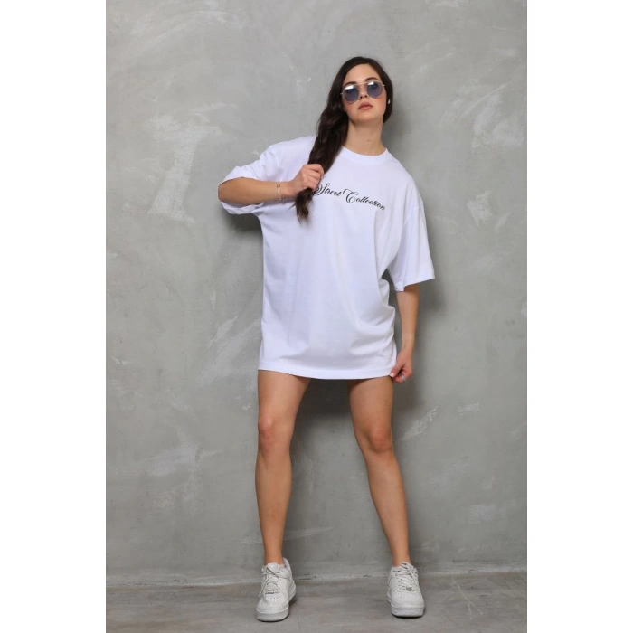 Bisiklet Yaka Baskılı Oversize T-Shirt - Beyaz