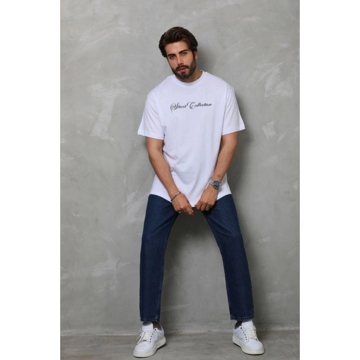 Bisiklet Yaka Baskılı Oversize T-Shirt - Beyaz