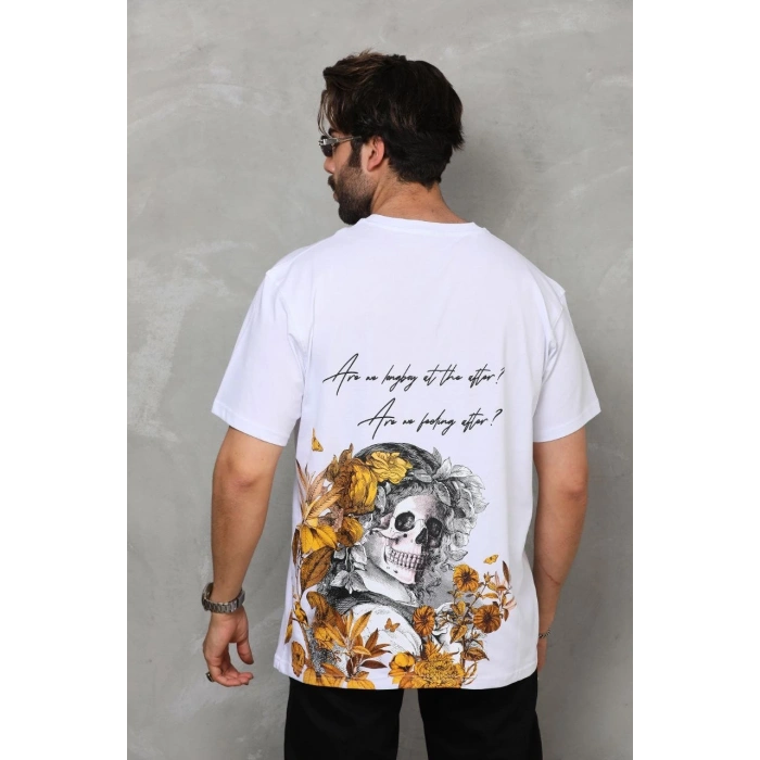 Bisiklet Yaka Baskılı Oversize T-Shirt - Beyaz