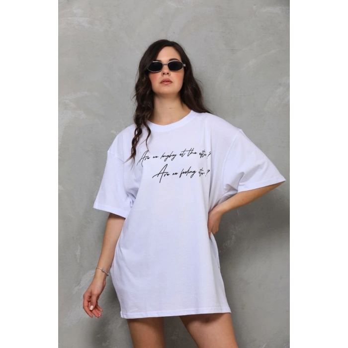Bisiklet Yaka Baskılı Oversize T-Shirt - Beyaz