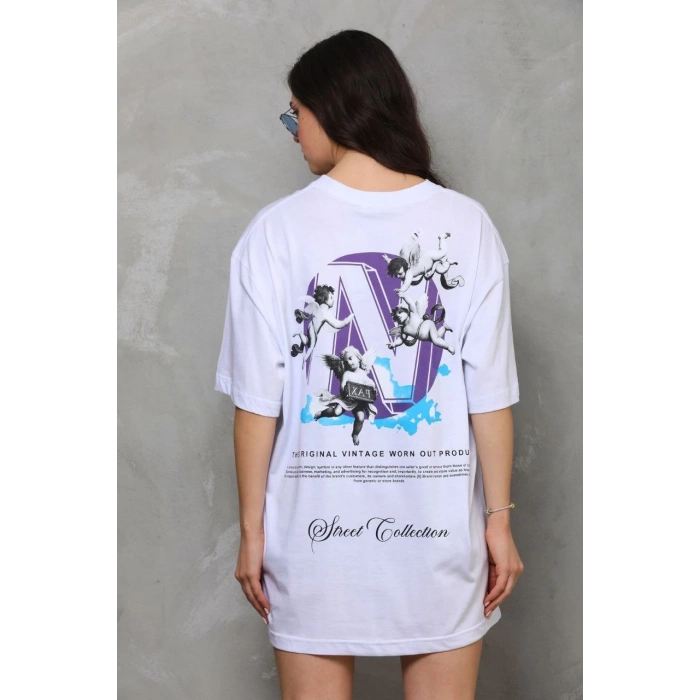 Bisiklet Yaka Baskılı Oversize T-Shirt - Beyaz