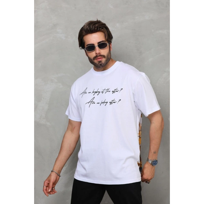 Bisiklet Yaka Baskılı Oversize T-Shirt - Beyaz