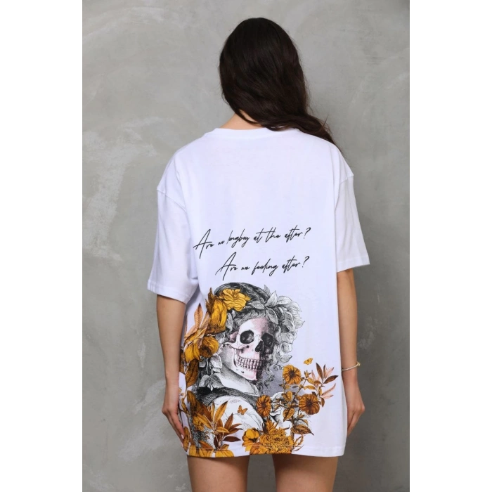 Bisiklet Yaka Baskılı Oversize T-Shirt - Beyaz