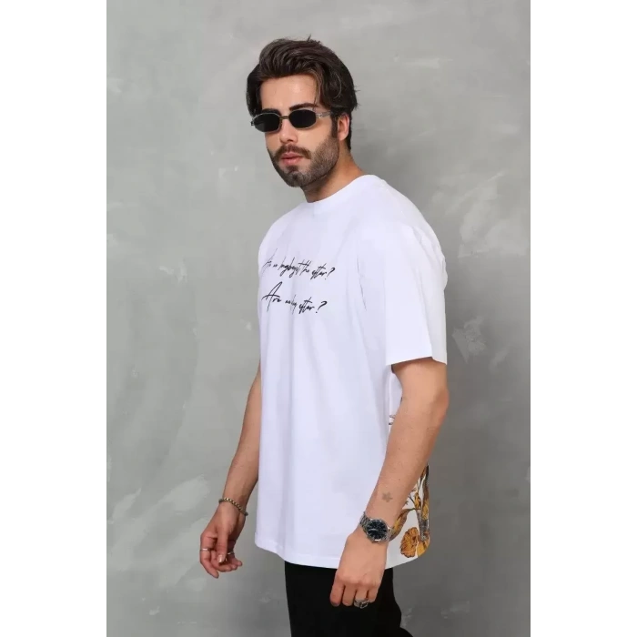 Bisiklet Yaka Baskılı Oversize T-Shirt - Beyaz