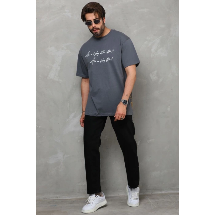 Bisiklet Yaka Baskılı Oversize T-Shirt - Füme