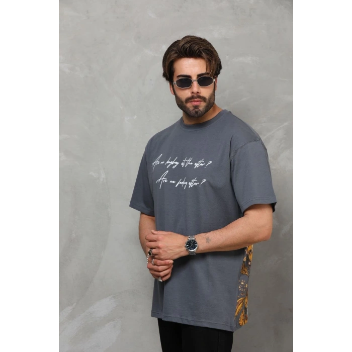 Bisiklet Yaka Baskılı Oversize T-Shirt - Füme