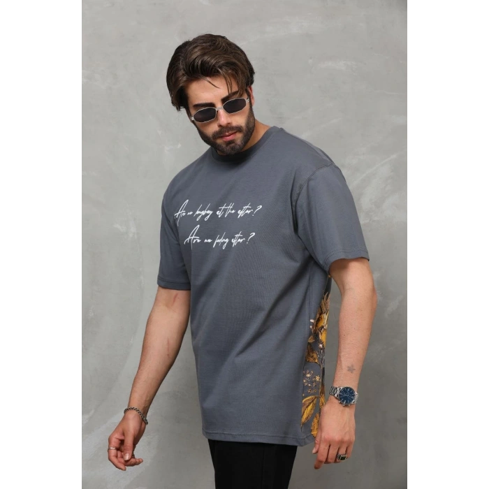 Bisiklet Yaka Baskılı Oversize T-Shirt - Füme