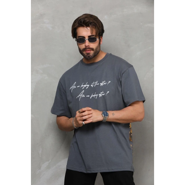 Bisiklet Yaka Baskılı Oversize T-Shirt - Füme