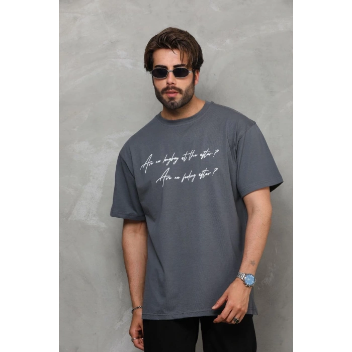 Bisiklet Yaka Baskılı Oversize T-Shirt - Füme
