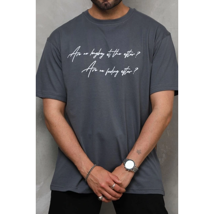 Bisiklet Yaka Baskılı Oversize T-Shirt - Füme