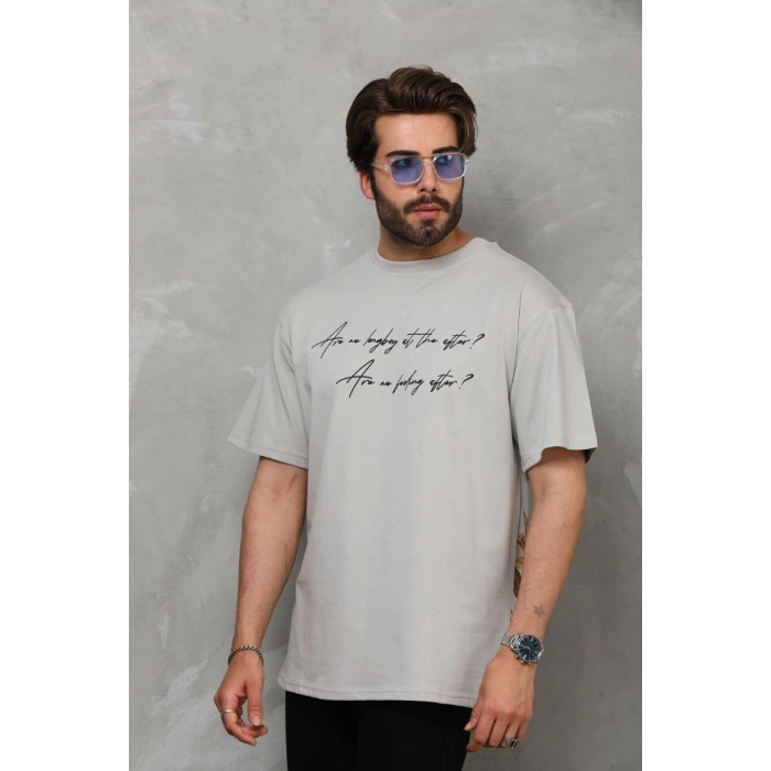 Bisiklet Yaka Baskılı Oversize T-Shirt - Gri