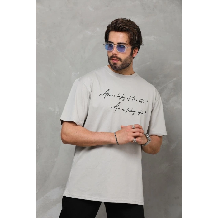 Bisiklet Yaka Baskılı Oversize T-Shirt - Gri