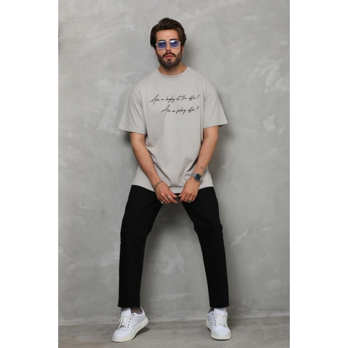 Bisiklet Yaka Baskılı Oversize T-Shirt - Gri