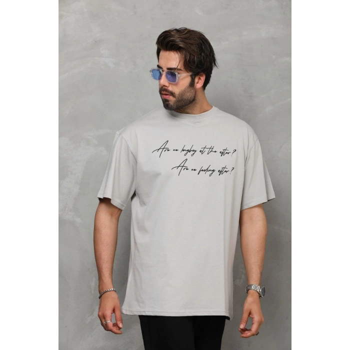 Bisiklet Yaka Baskılı Oversize T-Shirt - Gri