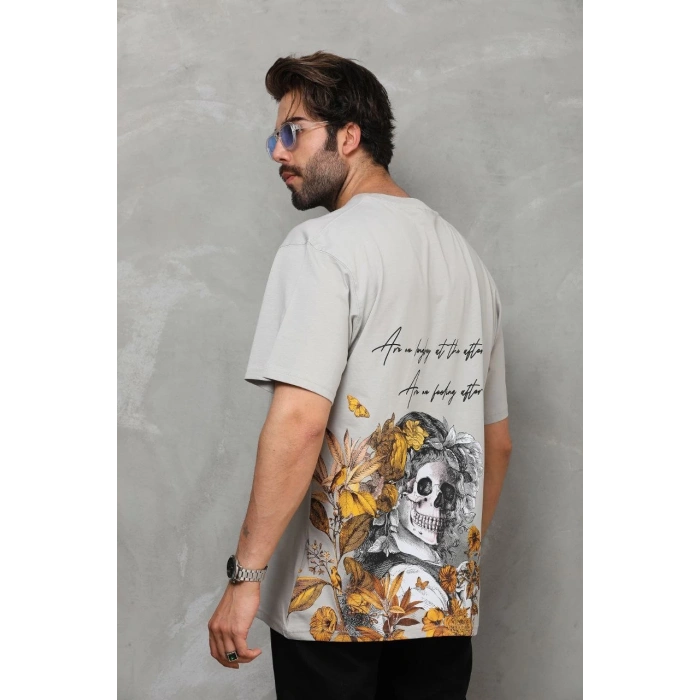 Bisiklet Yaka Baskılı Oversize T-Shirt - Gri