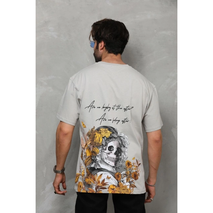 Bisiklet Yaka Baskılı Oversize T-Shirt - Gri