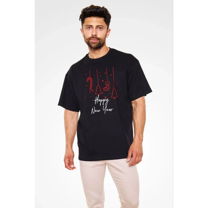 Bisiklet Yaka Baskılı Oversize T-Shirt - Siyah