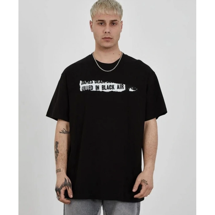 Bisiklet Yaka Baskılı Oversize T-Shirt - Siyah