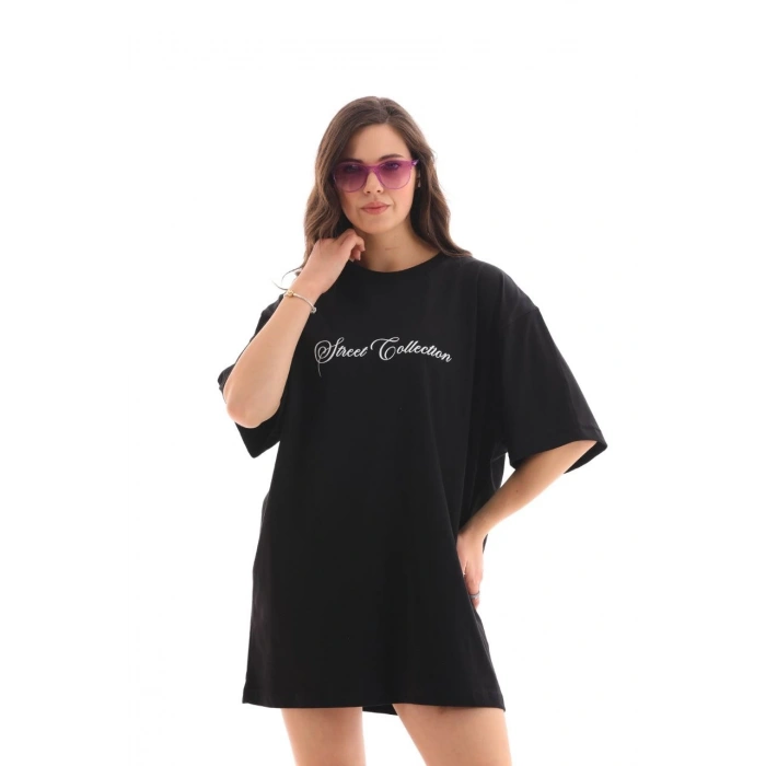 Bisiklet Yaka Baskılı Oversize T-Shirt - Siyah