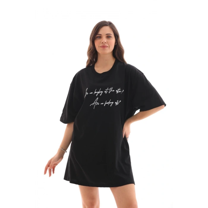 Bisiklet Yaka Baskılı Oversize T-Shirt - Siyah