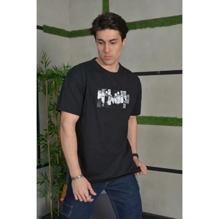 Bisiklet Yaka Baskılı Oversize T-Shirt - Siyah -