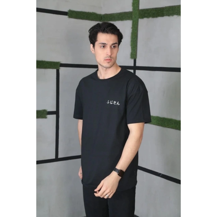 Bisiklet Yaka Baskılı Oversize T-Shirt - Siyah -