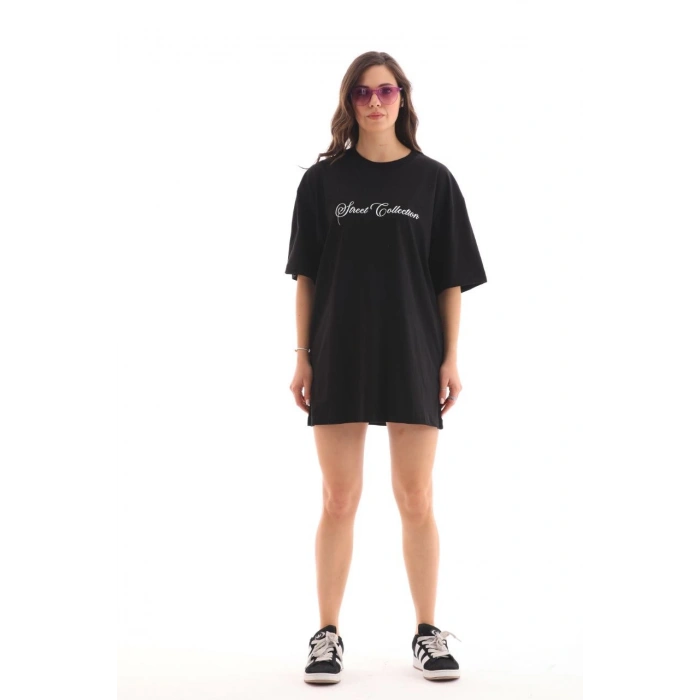Bisiklet Yaka Baskılı Oversize T-Shirt - Siyah