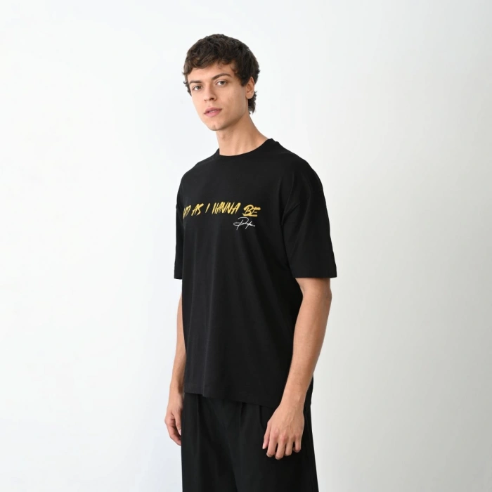 Bisiklet Yaka Baskılı Oversize T-Shirt - Siyah -