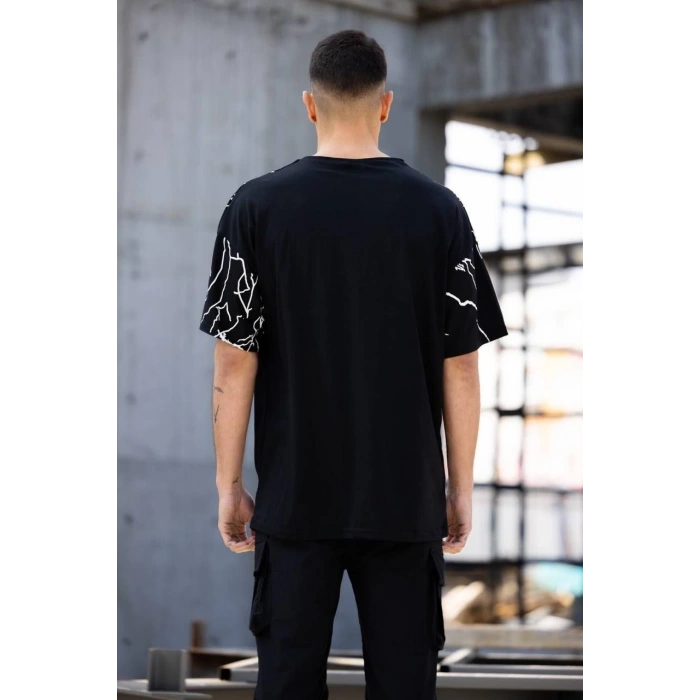 Bisiklet Yaka Baskılı Oversize T-Shirt - Siyah
