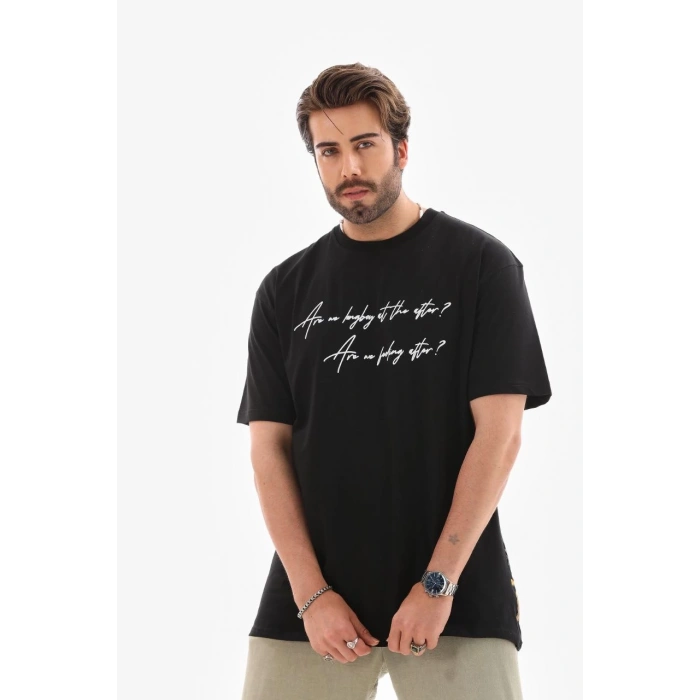 Bisiklet Yaka Baskılı Oversize T-Shirt - Siyah