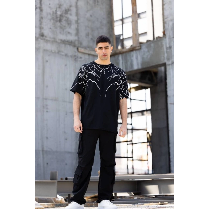 Bisiklet Yaka Baskılı Oversize T-Shirt - Siyah