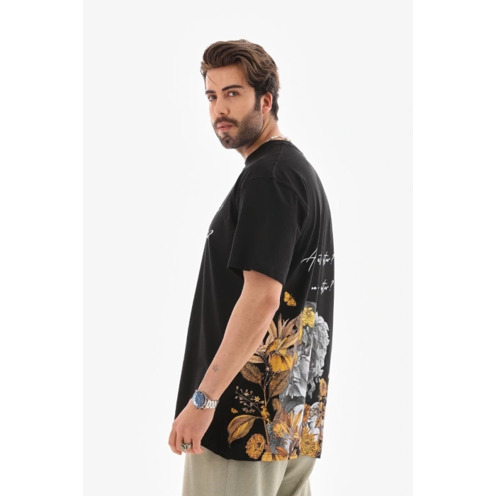 Bisiklet Yaka Baskılı Oversize T-Shirt - Siyah