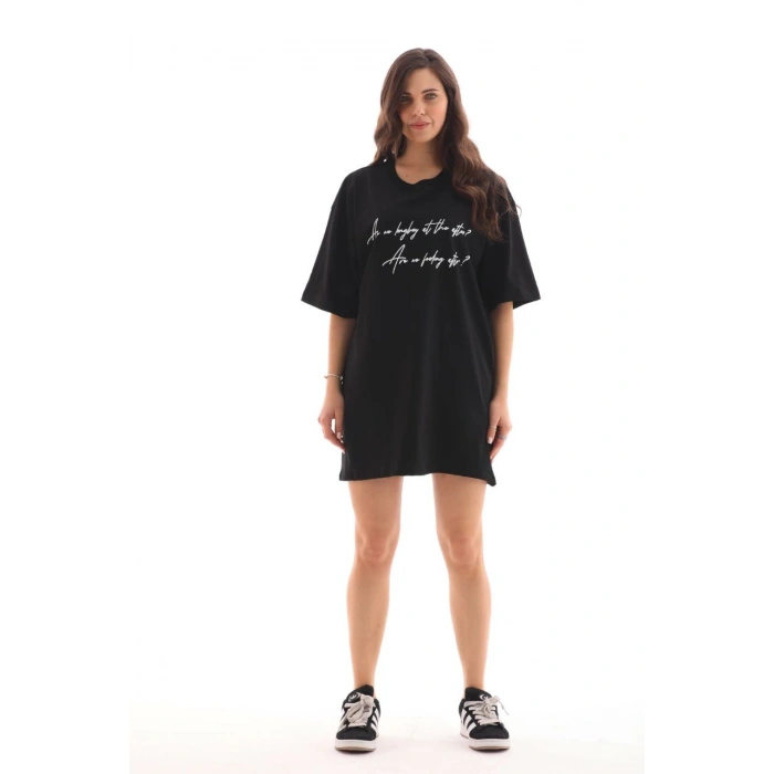 Bisiklet Yaka Baskılı Oversize T-Shirt - Siyah