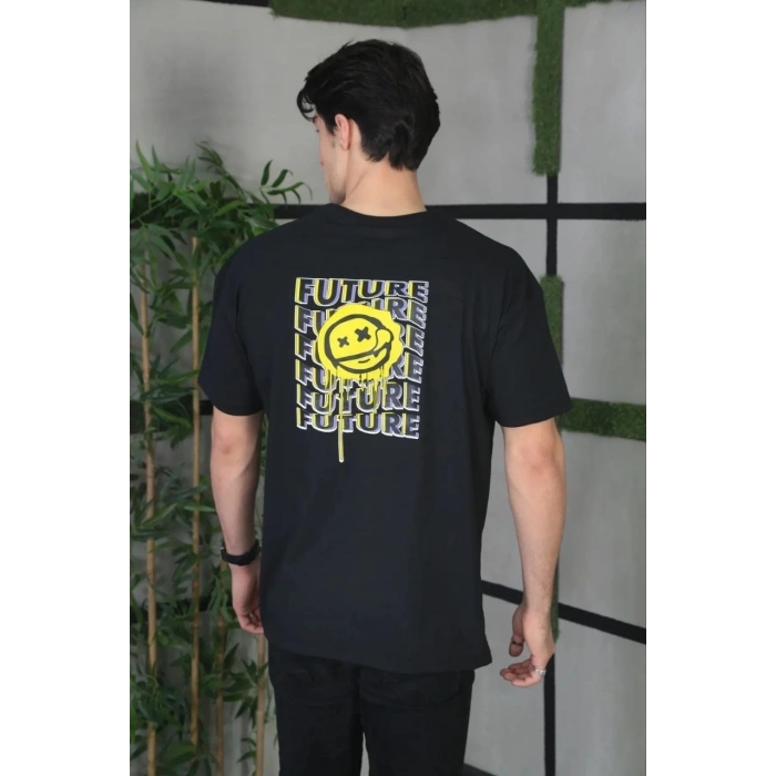Bisiklet Yaka Baskılı Oversize T-Shirt - Siyah -