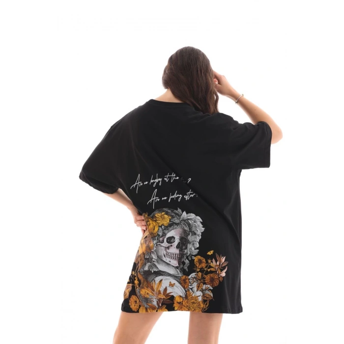 Bisiklet Yaka Baskılı Oversize T-Shirt - Siyah
