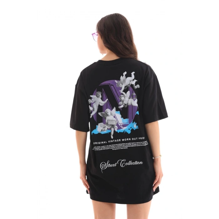 Bisiklet Yaka Baskılı Oversize T-Shirt - Siyah