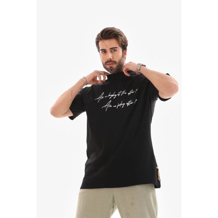 Bisiklet Yaka Baskılı Oversize T-Shirt - Siyah