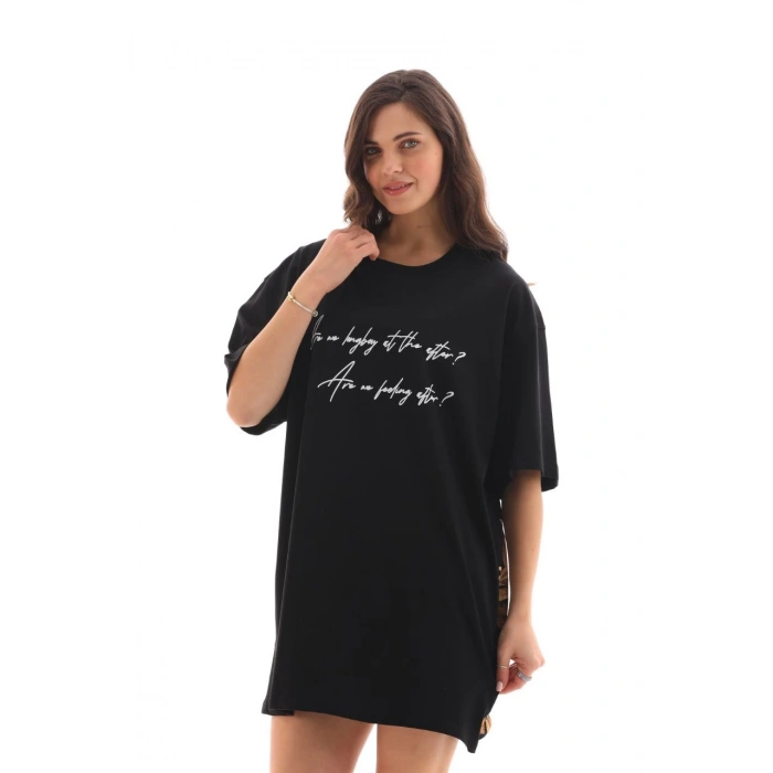 Bisiklet Yaka Baskılı Oversize T-Shirt - Siyah