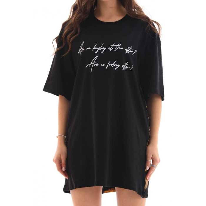 Bisiklet Yaka Baskılı Oversize T-Shirt - Siyah