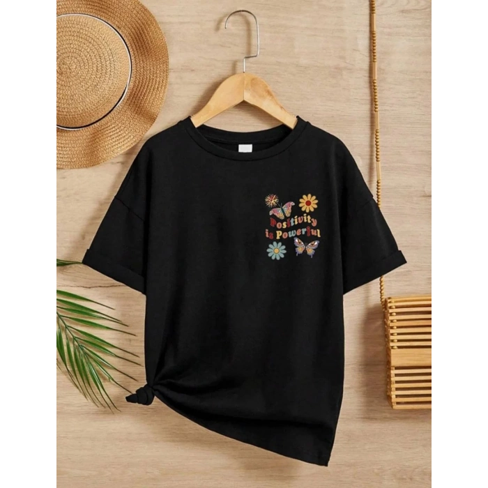 Bisiklet Yaka Baskılı T-Shirt - Siyah -