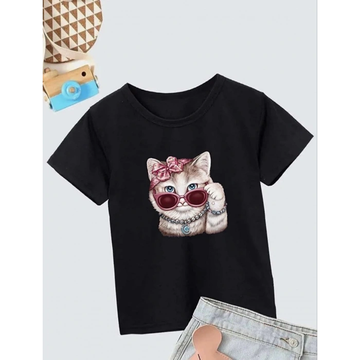 Bisiklet Yaka Baskılı T-Shirt - Siyah -