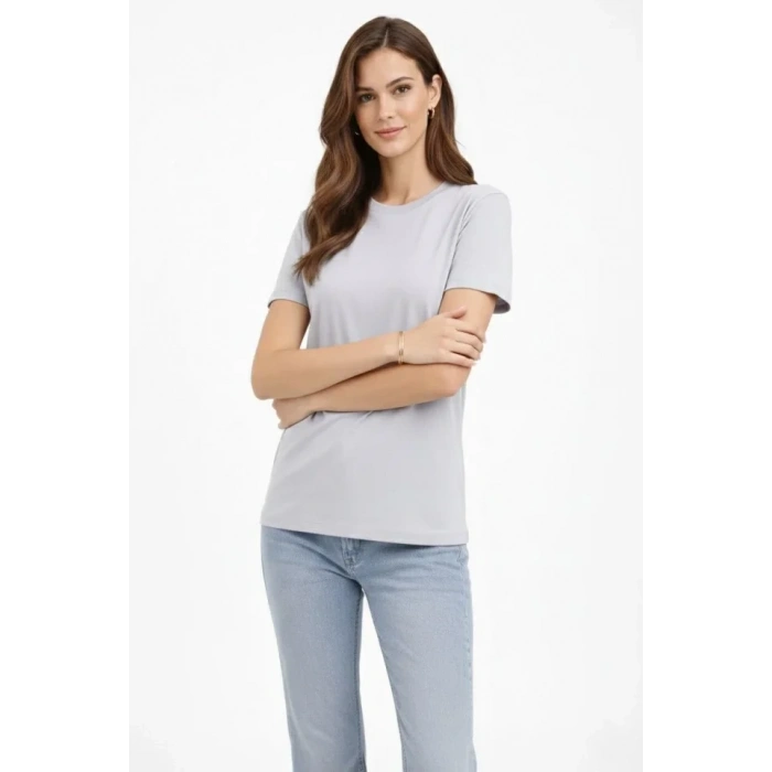 Bisiklet Yaka Tişört  Regular Kalıp Basic Pamuklu  Günlük Kullanım  T-shirt - Gri