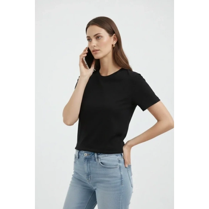 Bisiklet Yaka Tişört Regular Kalıp Basic Pamuklu Günlük Kullanım T-shirt - Siyah