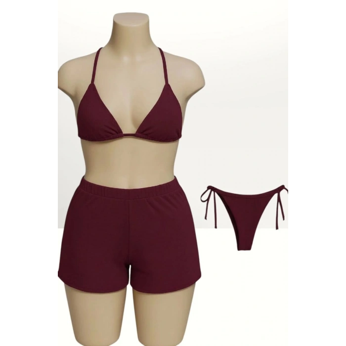 Bordo 3’lü Bikini Takımı Şortlu Yandan Bağlamalı Üçgen Üst Esnek Kadın Mayo