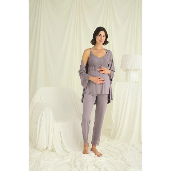 Dantelli Hamile Lohusa 3lü Pijama Takımı