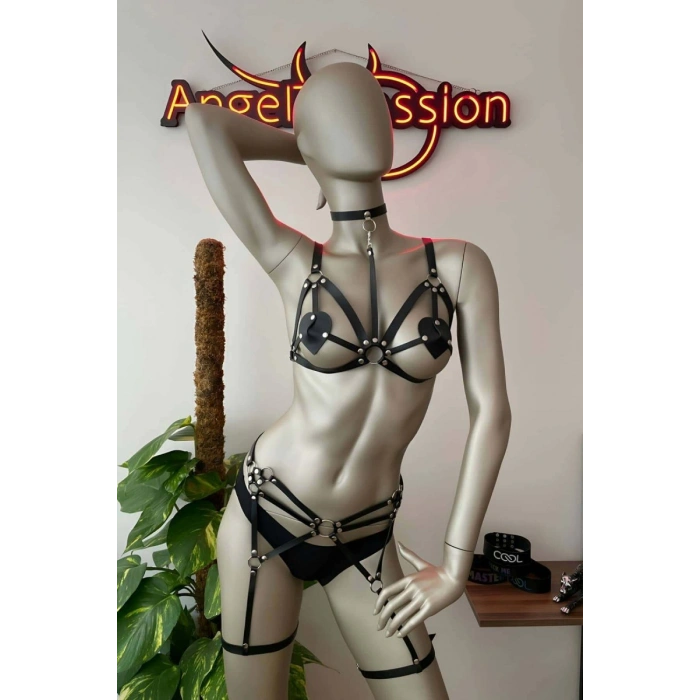 Deri Jartiyer Siyah Harness Takım - 451